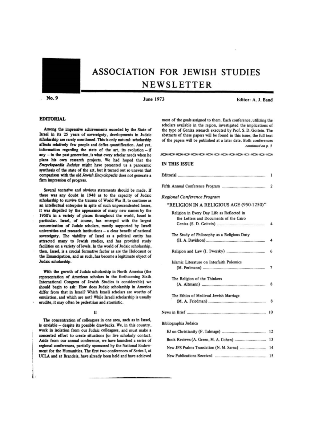 ASSOCIATION for JEWISH STUDIES NEWSLETTER No-9 June 1973 Editor: A