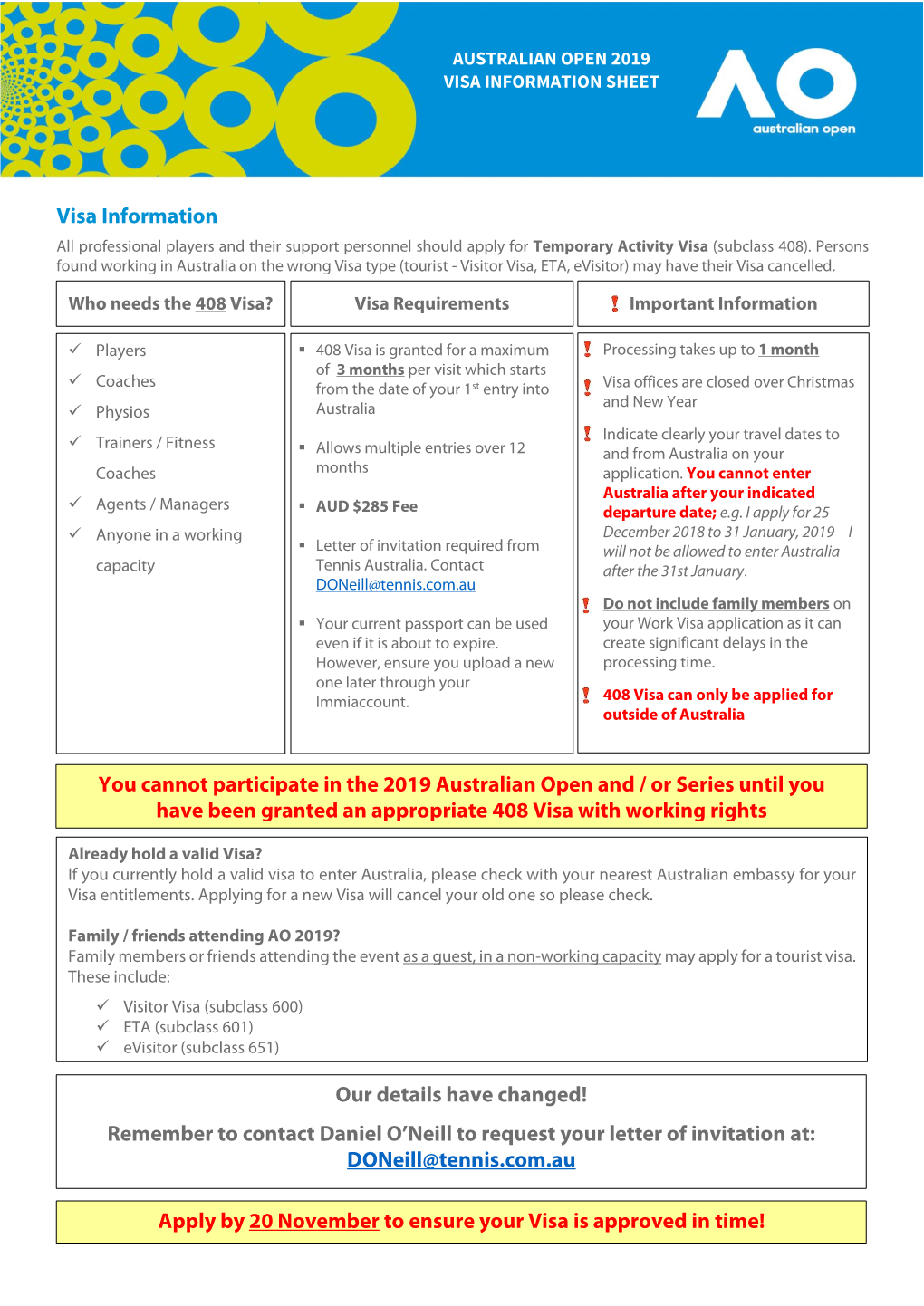 Visa Information You Cannot Participate in the 2019 Australian