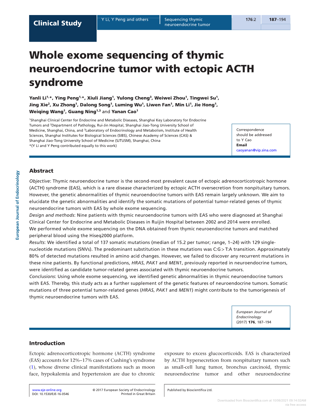 Whole Exome Sequencing of Thymic Neuroendocrine Tumor with Ectopic