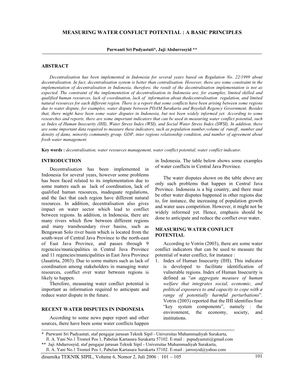 Measuring Water Conflict Potential : a Basic Principles