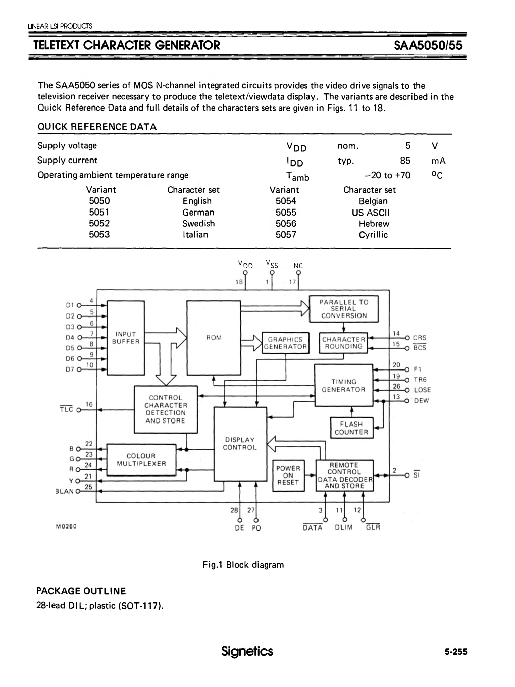 TELETEXT CHARACTER GENERATOR SAA5050/55 Slgnetics