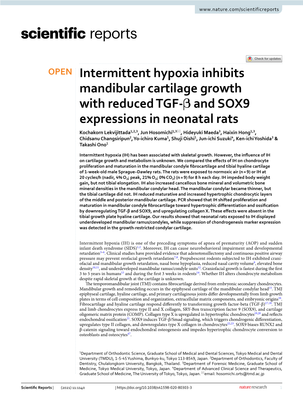 Intermittent Hypoxia Inhibits Mandibular Cartilage Growth with Reduced TGF-Β and SOX9 Expressions in Neonatal Rats