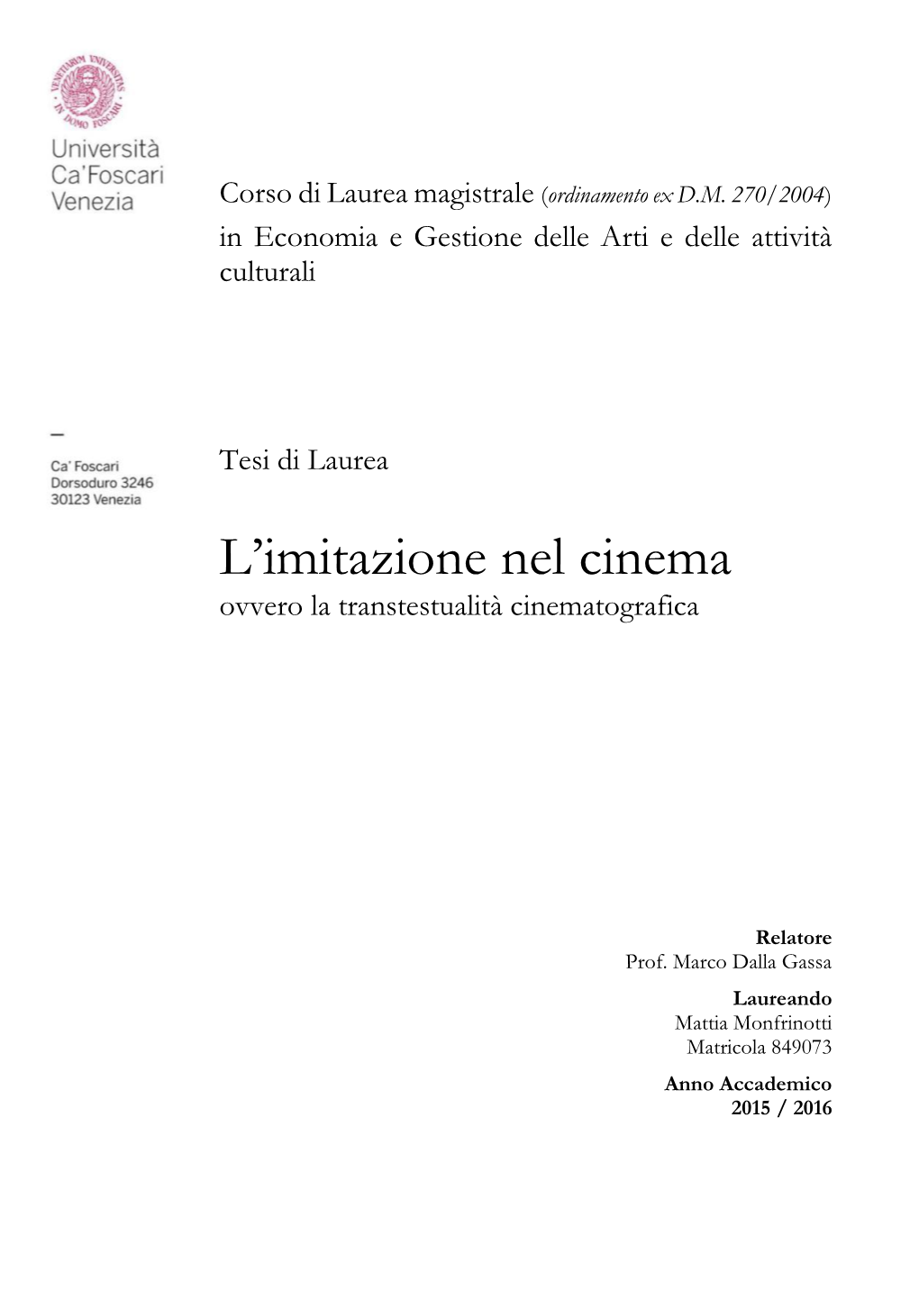 L'imitazione Nel Cinema