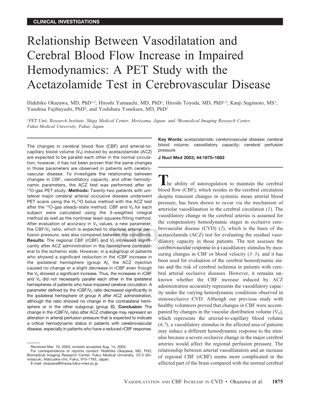 Relationship Between Vasodilatation and Cerebral Blood Flow Increase in Impaired Hemodynamics: a PET Study with the Acetazolamide Test in Cerebrovascular Disease