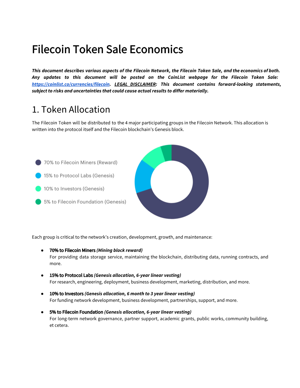 Filecoin Token Sale Economics
