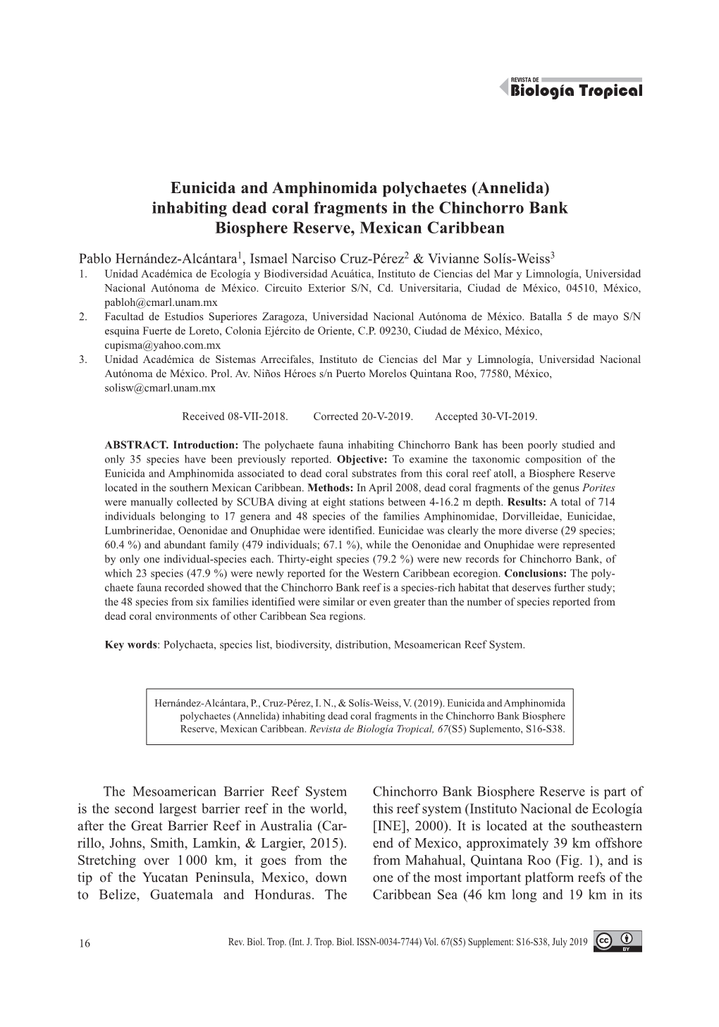 Eunicida and Amphinomida Polychaetes (Annelida) Inhabiting Dead Coral Fragments in the Chinchorro Bank Biosphere Reserve, Mexican Caribbean