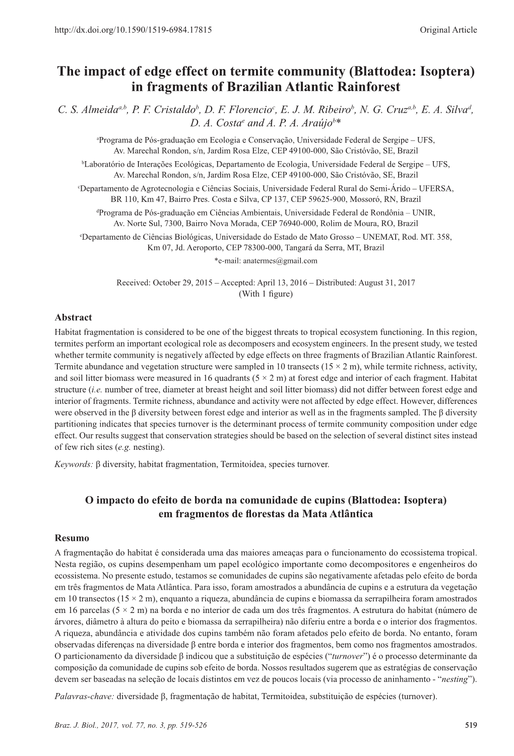 The Impact of Edge Effect on Termite Community (Blattodea: Isoptera) in Fragments of Brazilian Atlantic Rainforest C