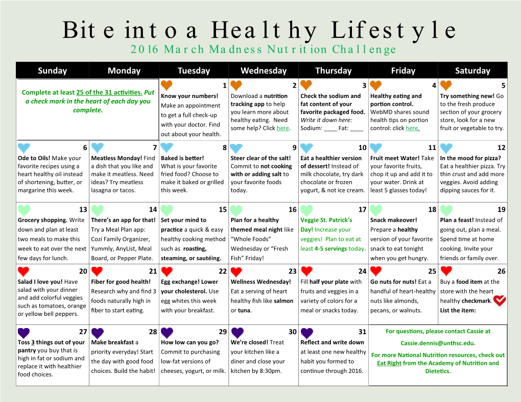 Bite Into a Healthy Lifestyle 2016 March Madness Nutrition Challenge Sunday Monday Tuesday Wednesday Thursday Friday Saturday