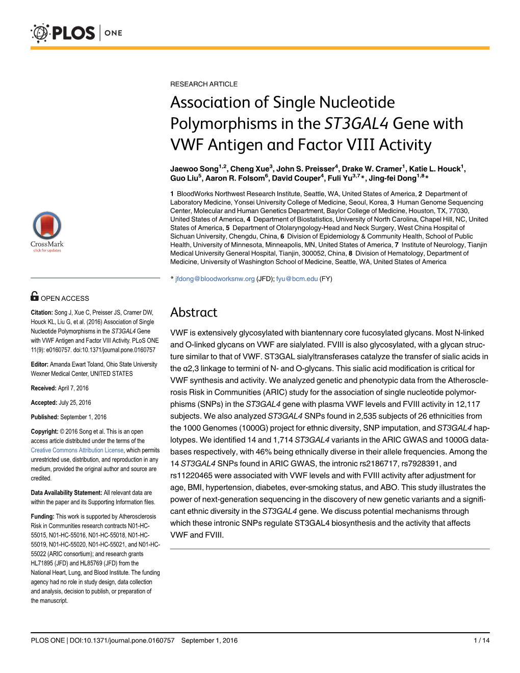 Association of Single Nucleotide Polymorphisms in the ST3GAL4 Gene with VWF Antigen and Factor VIII Activity