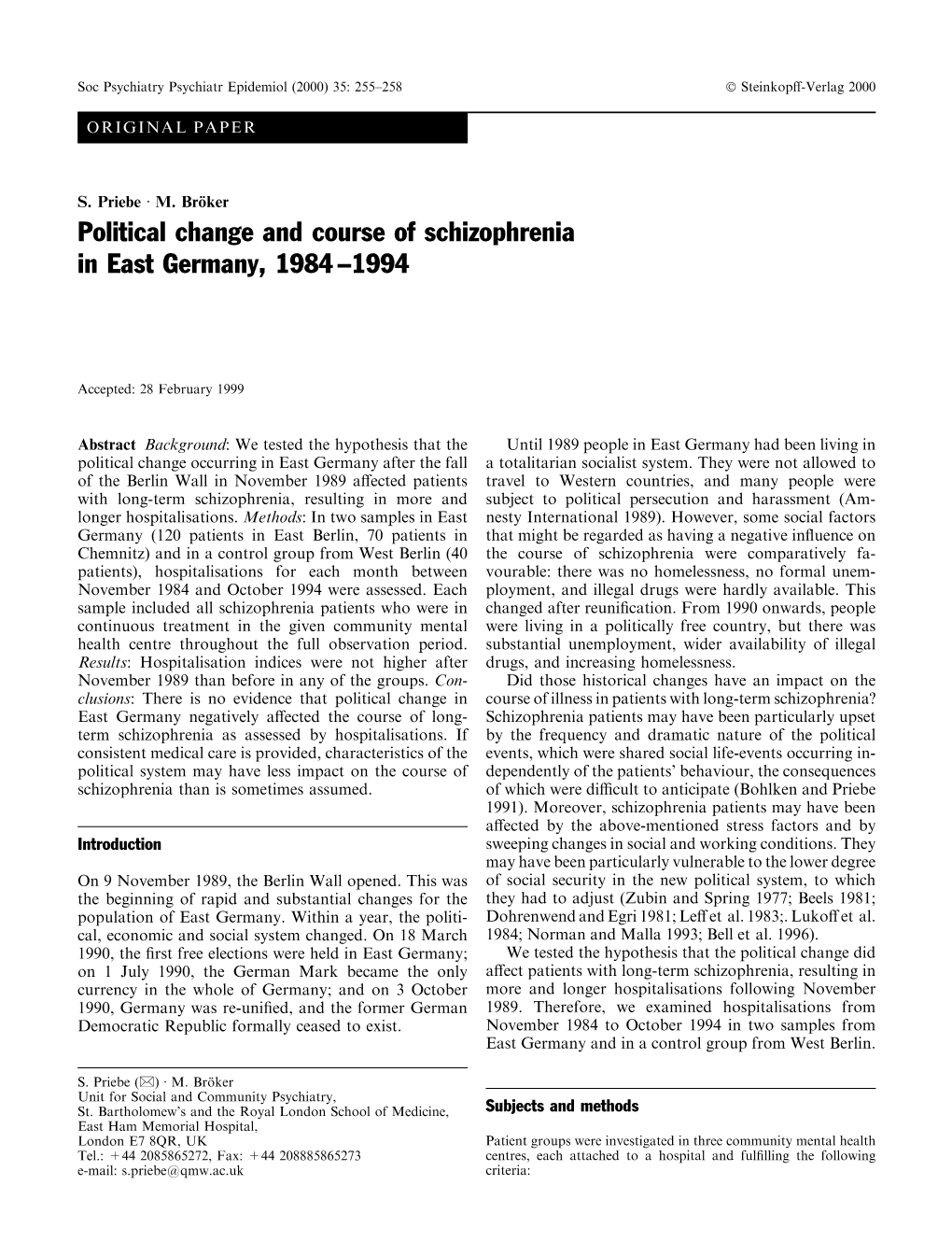 Political Change and Course of Schizophrenia in East Germany, 1984 ±1994