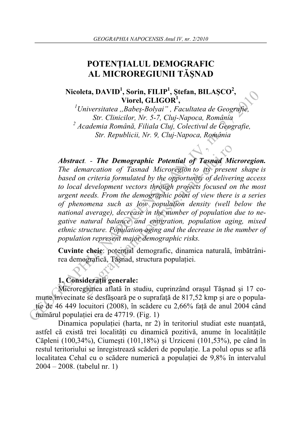 GEOGRAPHIA NAPOCENSIS AN. IV, Nr. 2 / 2010 Geographianapocensis