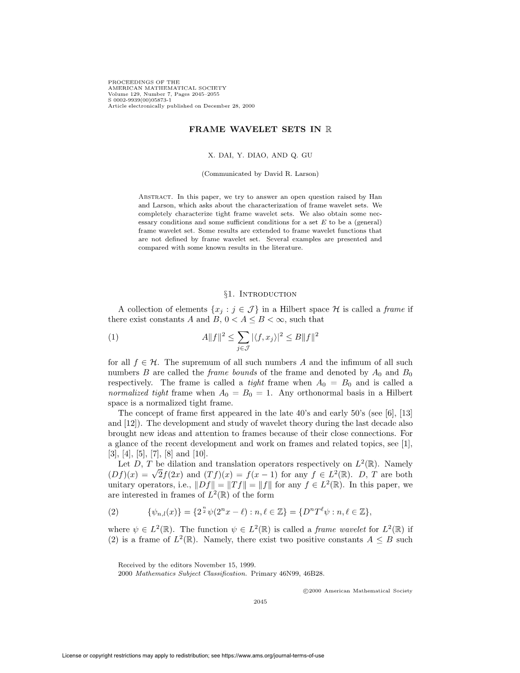 FRAME WAVELET SETS in R §1. Introduction a Collection of Elements