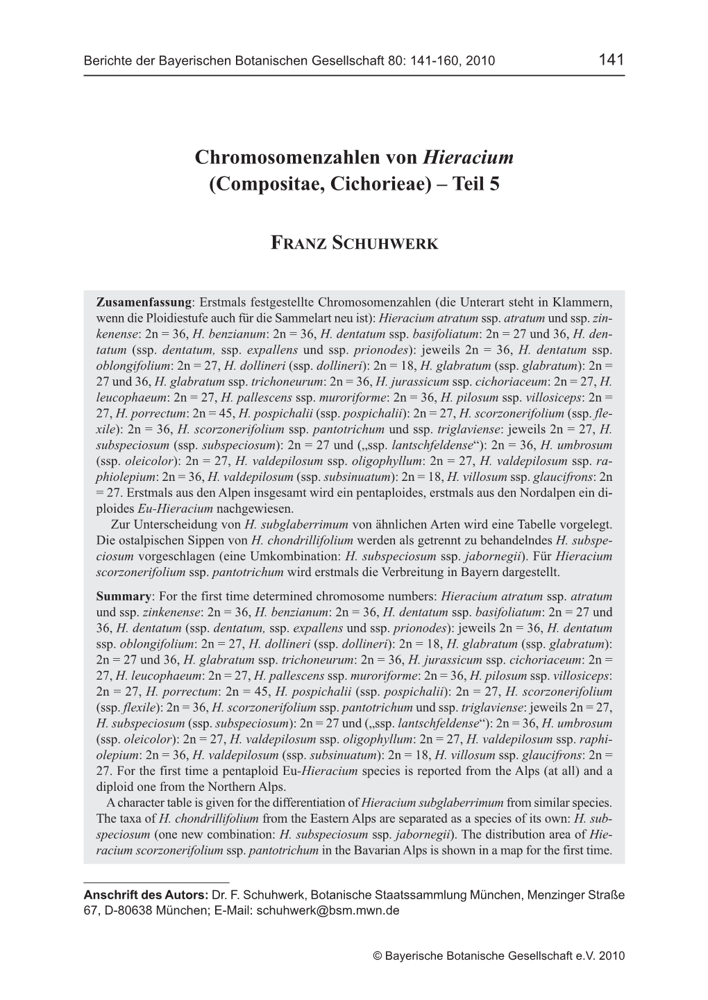 Chromosomenzahlen Von Hieracium (Compositae, Cichorieae) – Teil 5