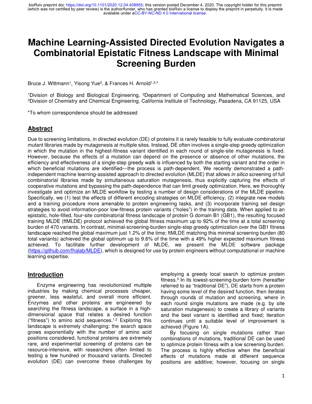 Machine Learning-Assisted Directed Evolution Navigates a Combinatorial Epistatic Fitness Landscape with Minimal Screening Burden