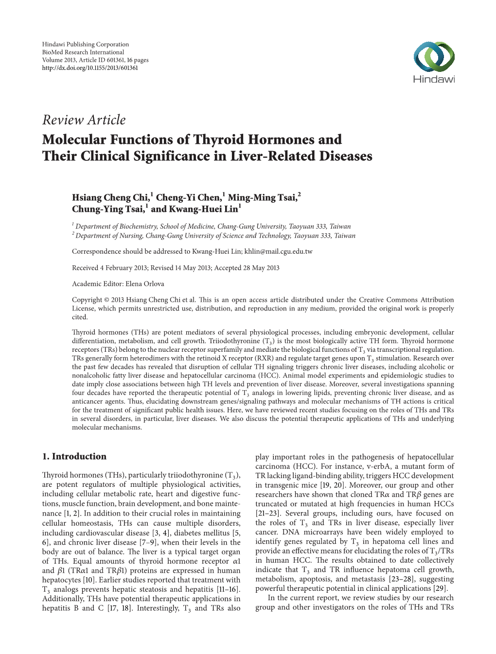 Review Article Molecular Functions of Thyroid Hormones and Their Clinical Significance in Liver-Related Diseases