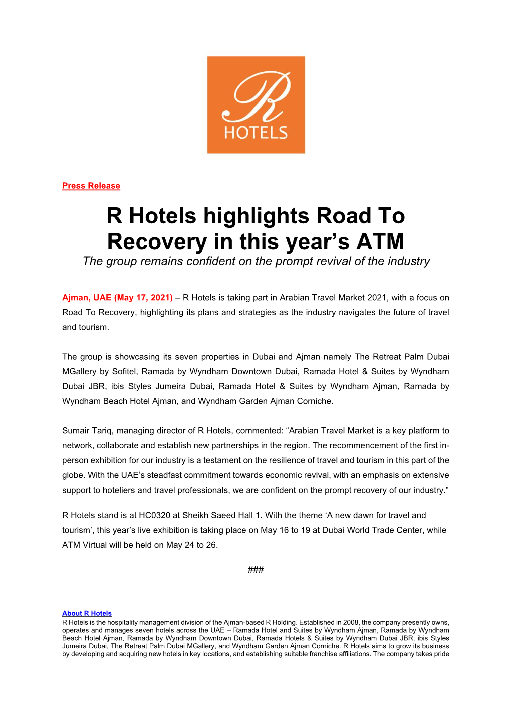 R Hotels Highlights Road to Recovery in This Year's