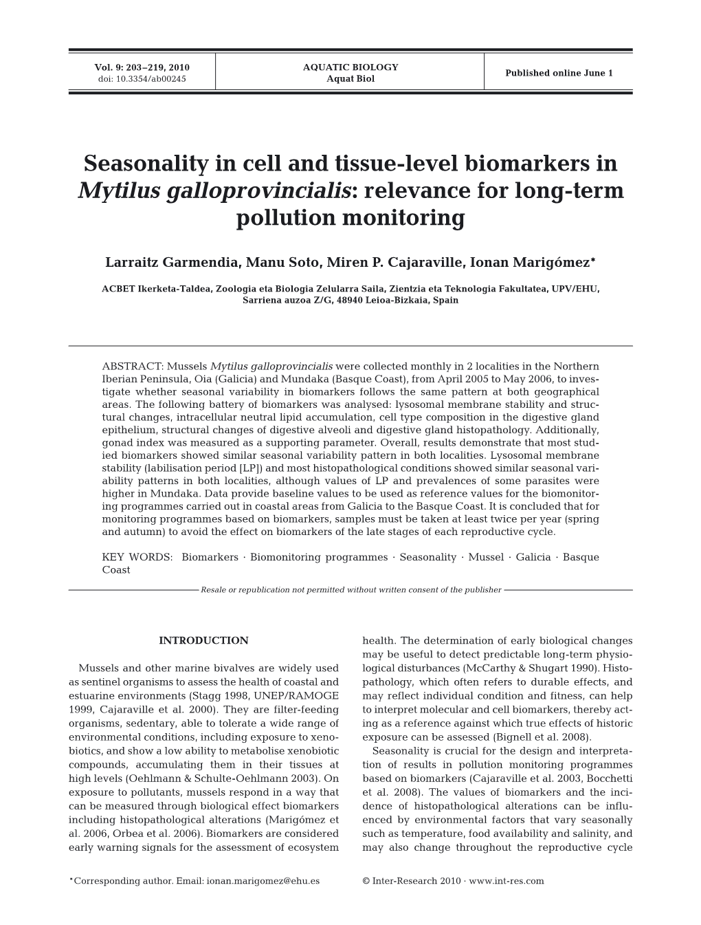 Seasonality in Cell and Tissue-Level Biomarkers in Mytilus Galloprovincialis: Relevance for Long-Term Pollution Monitoring