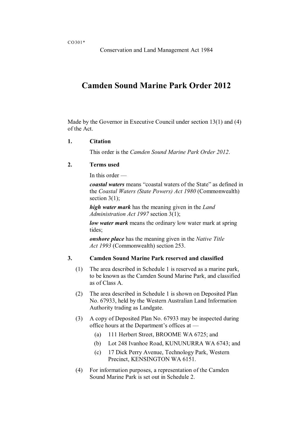 Camden Sound Marine Park Order 2012