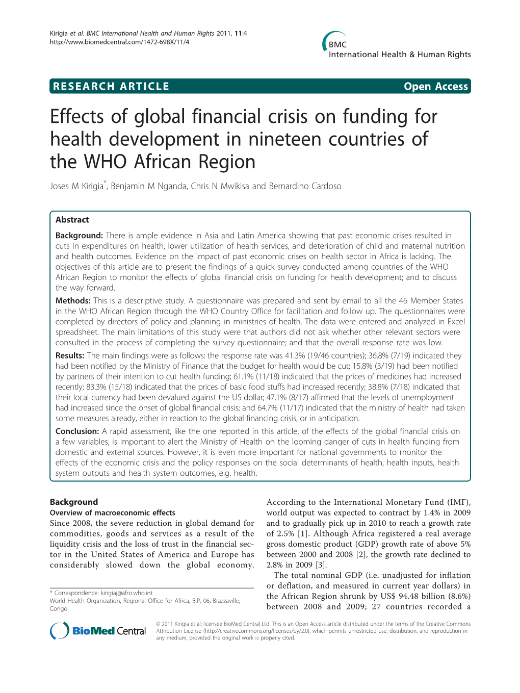 Effects of Global Financial Crisis on Funding for Health Development In