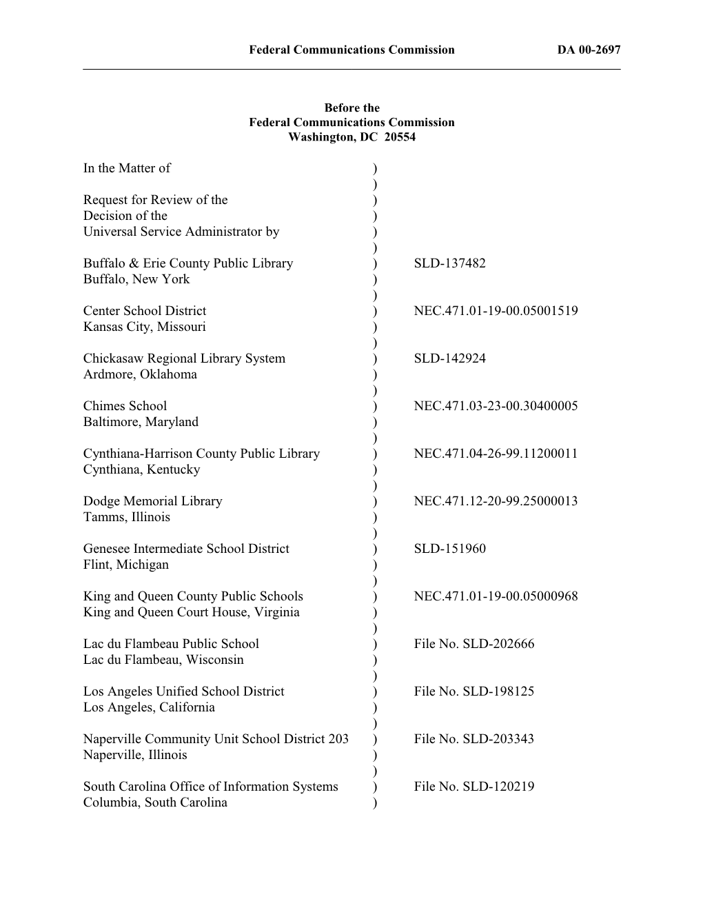 Federal Communications Commission DA 00-2697