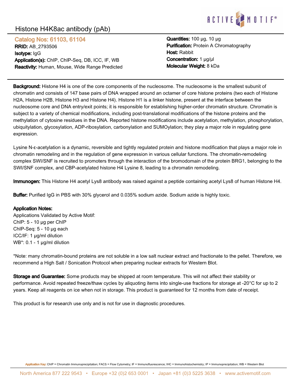 Active Motif Technical Data Sheet (TDS)