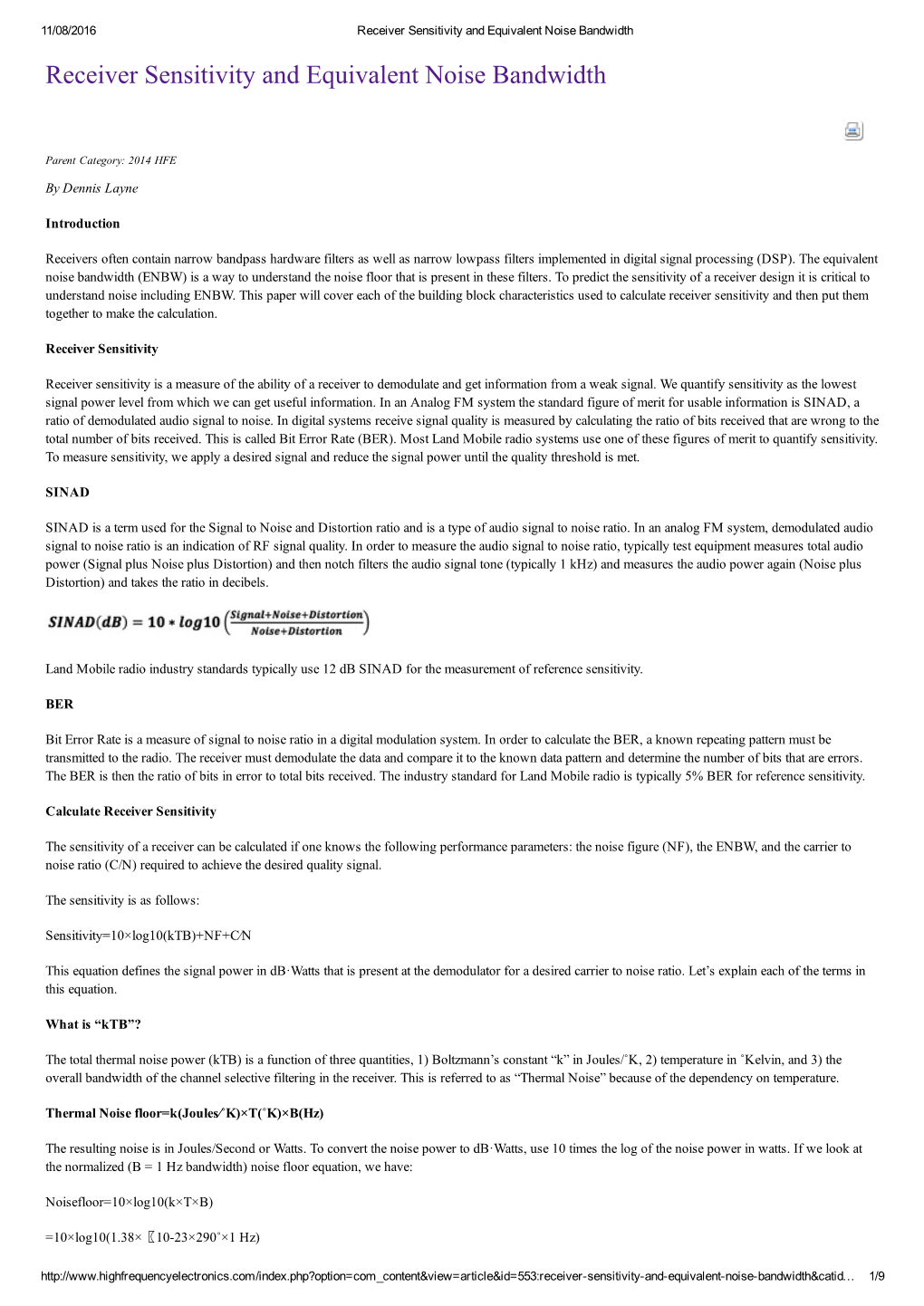 Receiver Sensitivity and Equivalent Noise Bandwidth Receiver Sensitivity and Equivalent Noise Bandwidth