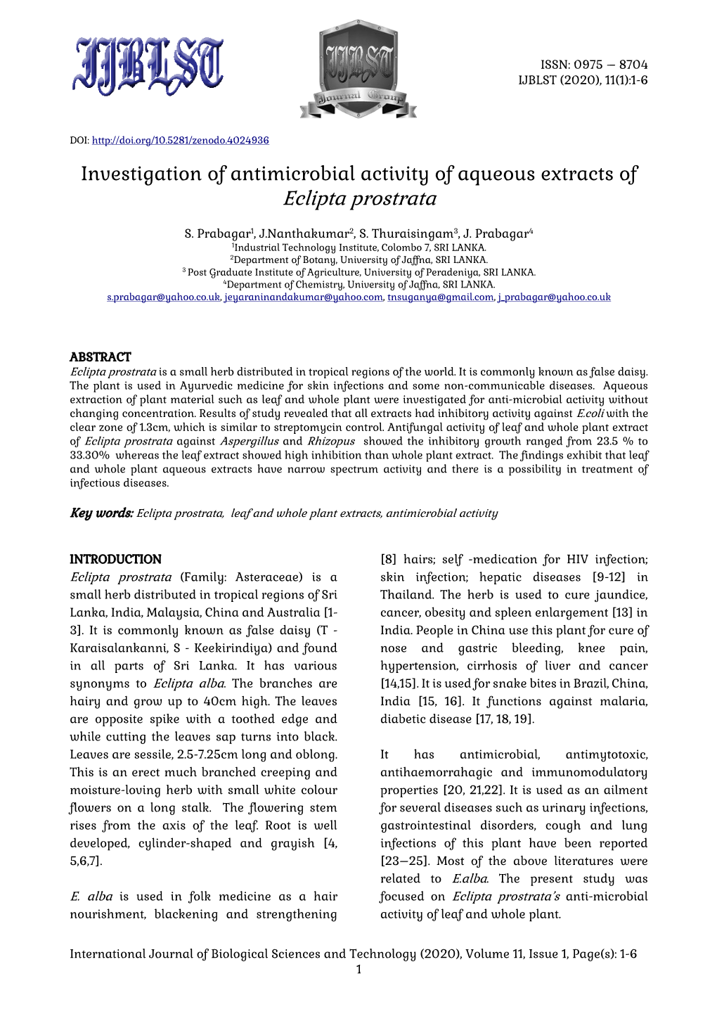 Investigation of Antimicrobial Activity of Aqueous Extracts of Eclipta Prostrata