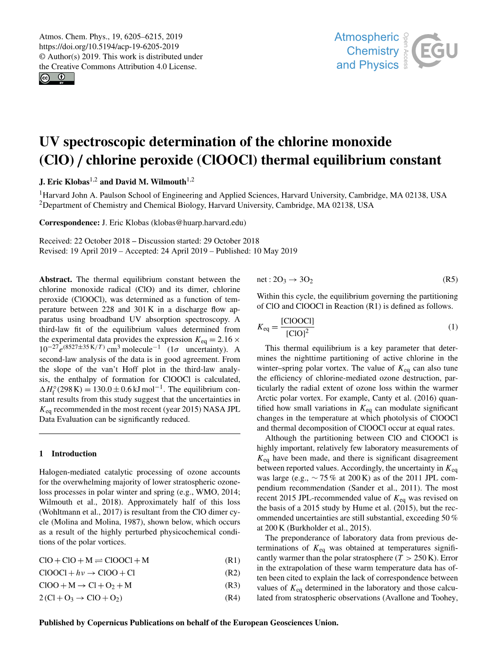 UV Spectroscopic Determination of the Chlorine Monoxide (Clo)/Chlorine Peroxide (Cloocl) Thermal Equilibrium Constant