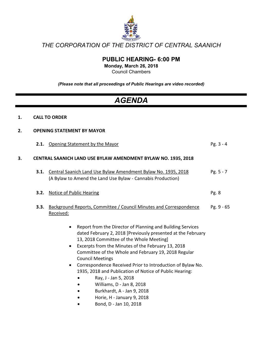 The Corporation of the District of Central Saanich Public Hearing- 6:00 Pm