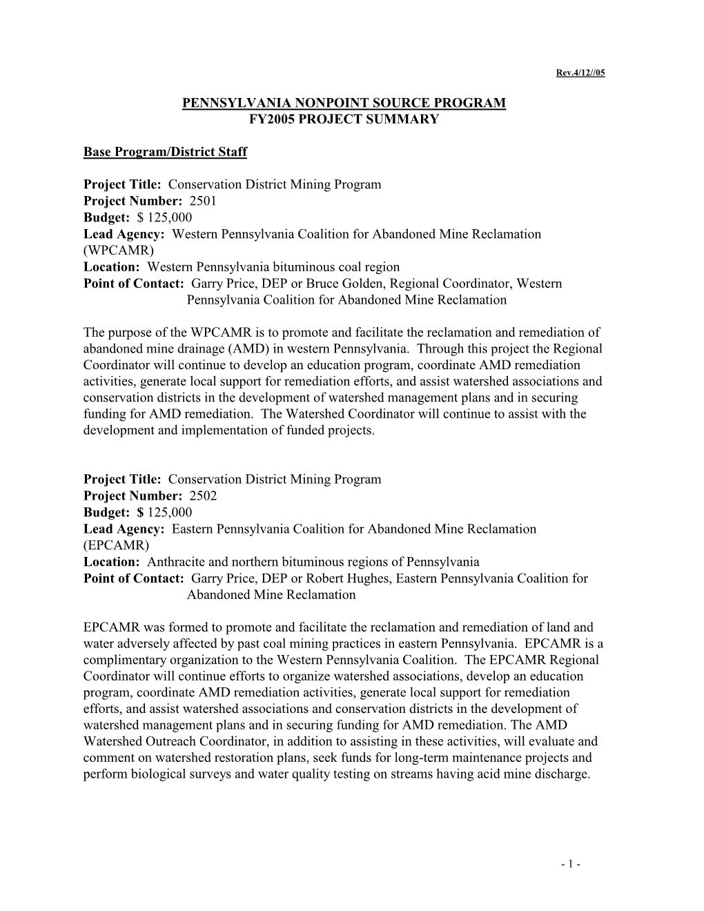 Pennsylvania Nonpoint Source Program Fy2005 Project Summary