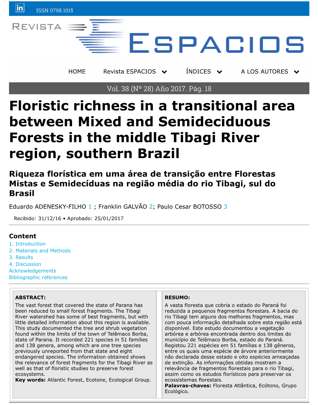 Floristic Richness in a Transitional Area Between Mixed and Semideciduous Forests in the Middle Tibagi River Region, Southern Brazil