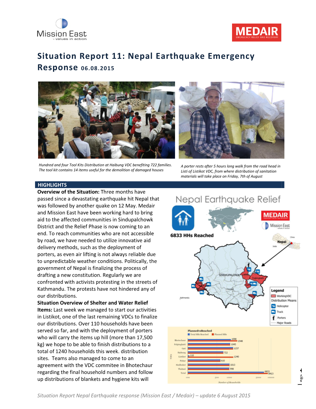 Situation Report 11: Nepal Earthquake Emergency Response 06.08.2015