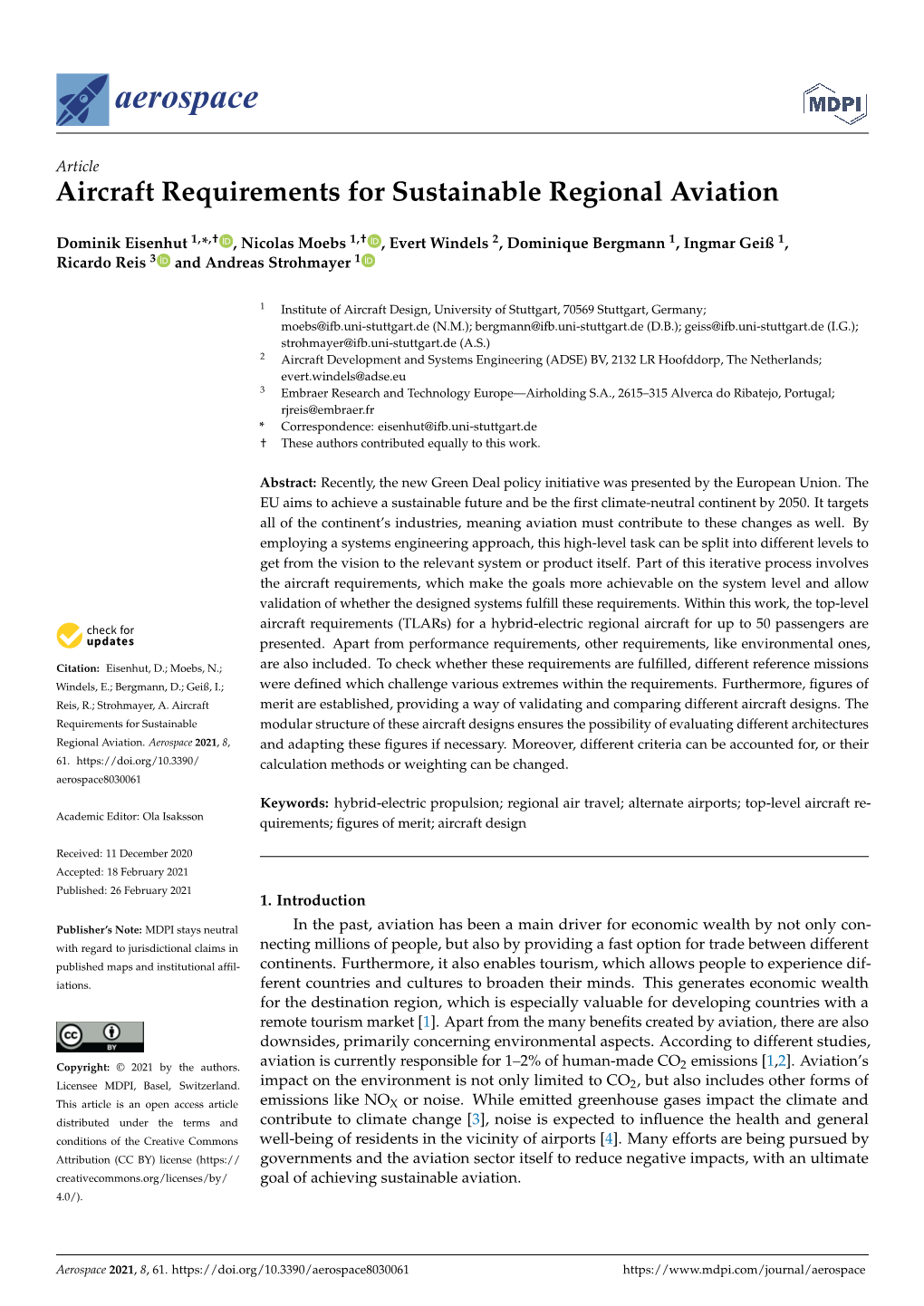 Aircraft Requirements for Sustainable Regional Aviation