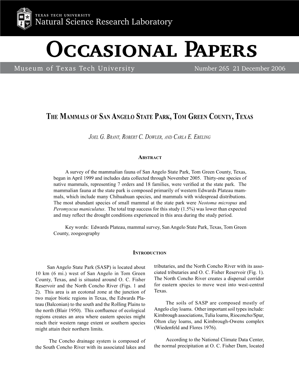 Occasional Papers Museum of Texas Tech University Number 265 21 December 2006