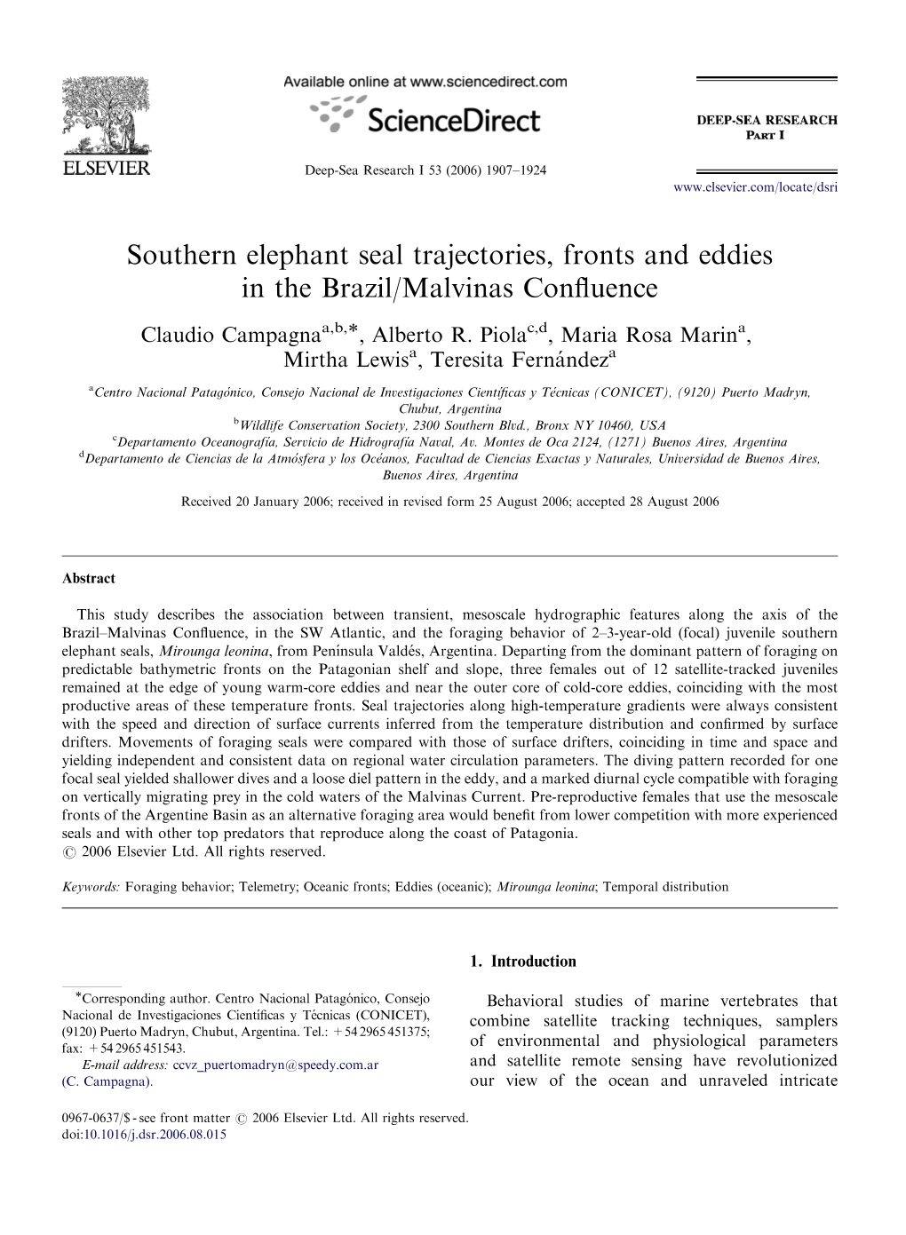 Southern Elephant Seal Trajectories, Fronts and Eddies in the Brazil/Malvinas Conﬂuence