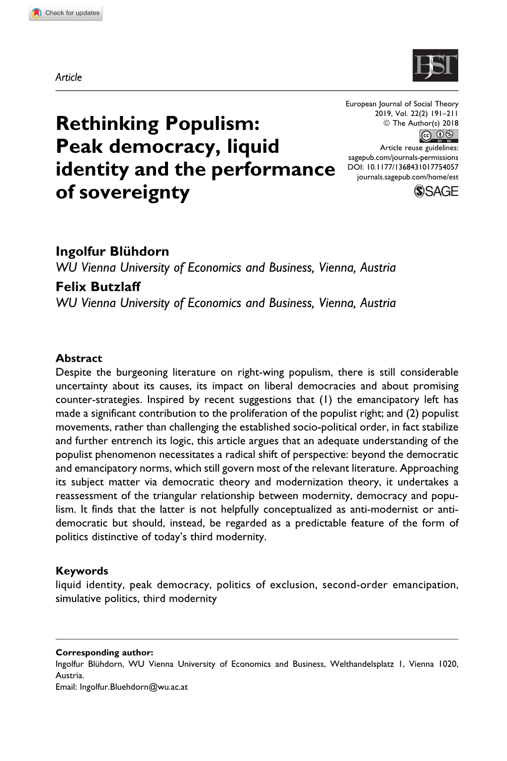 Rethinking Populism: Peak Democracy, Liquid