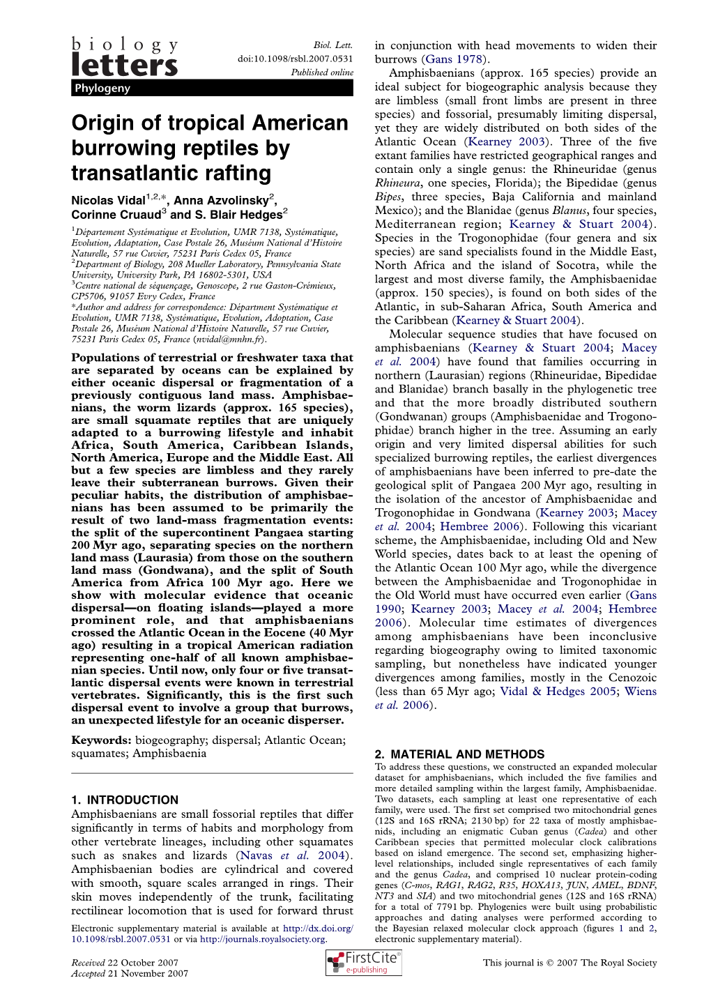 Origin of Tropical American Burrowing Reptiles by Transatlantic Rafting