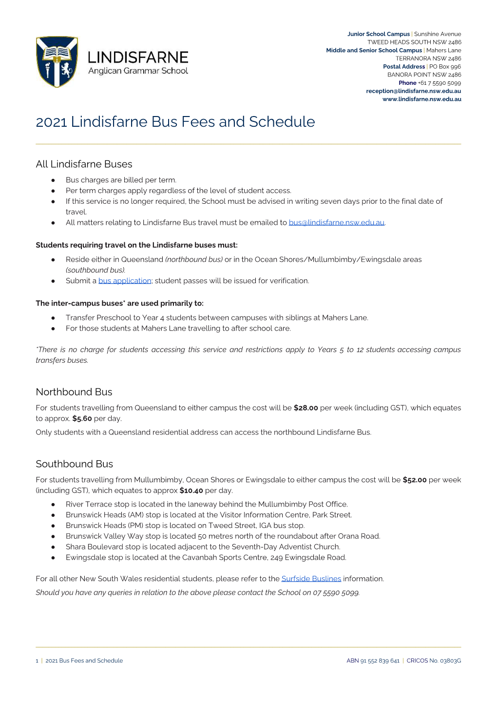 2021 Lindisfarne Bus Fees and Schedule