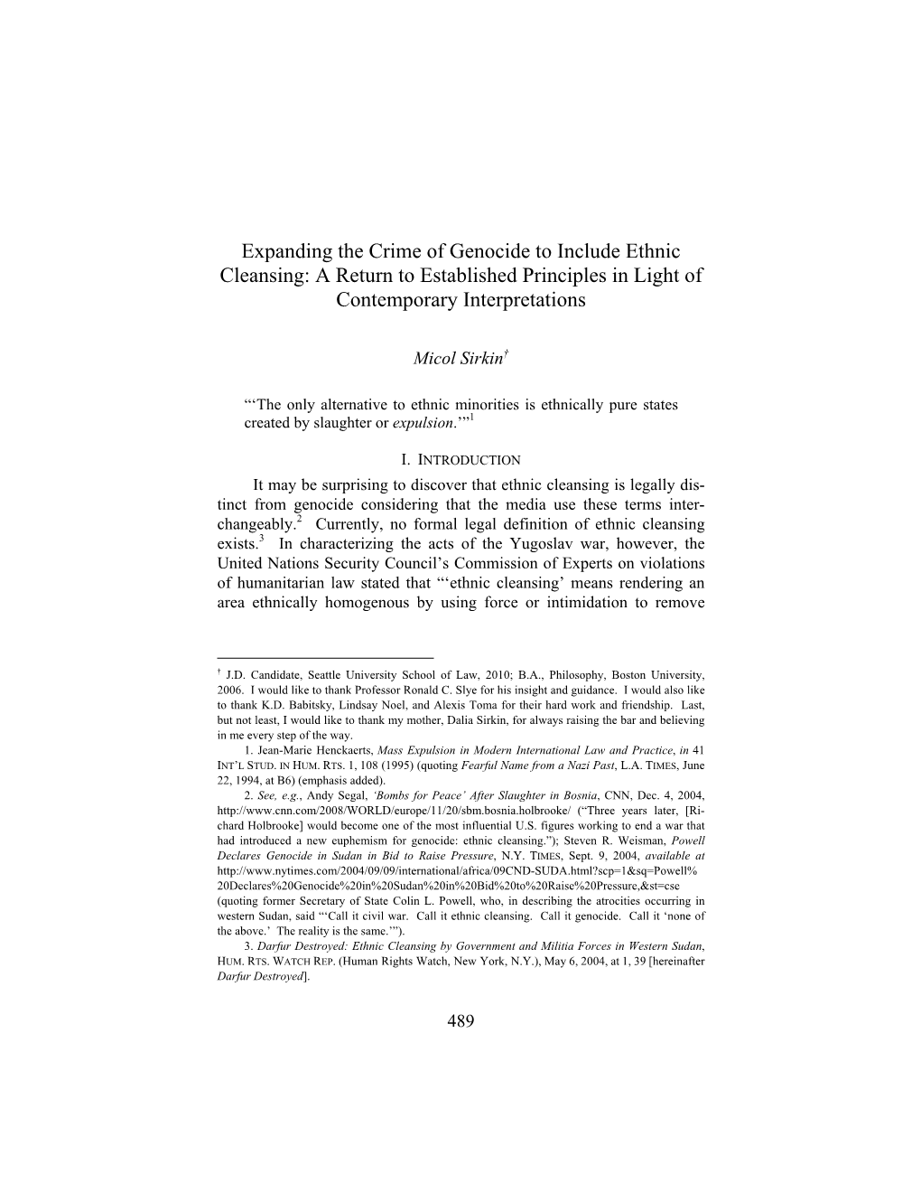 Expanding the Crime of Genocide to Include Ethnic Cleansing: a Return to Established Principles in Light of Contemporary Interpretations