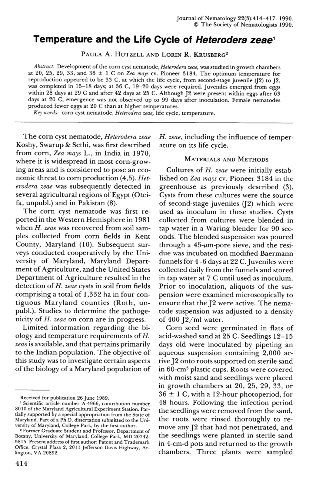 Temperature and the Life Cycle of Heterodera Zeae 1