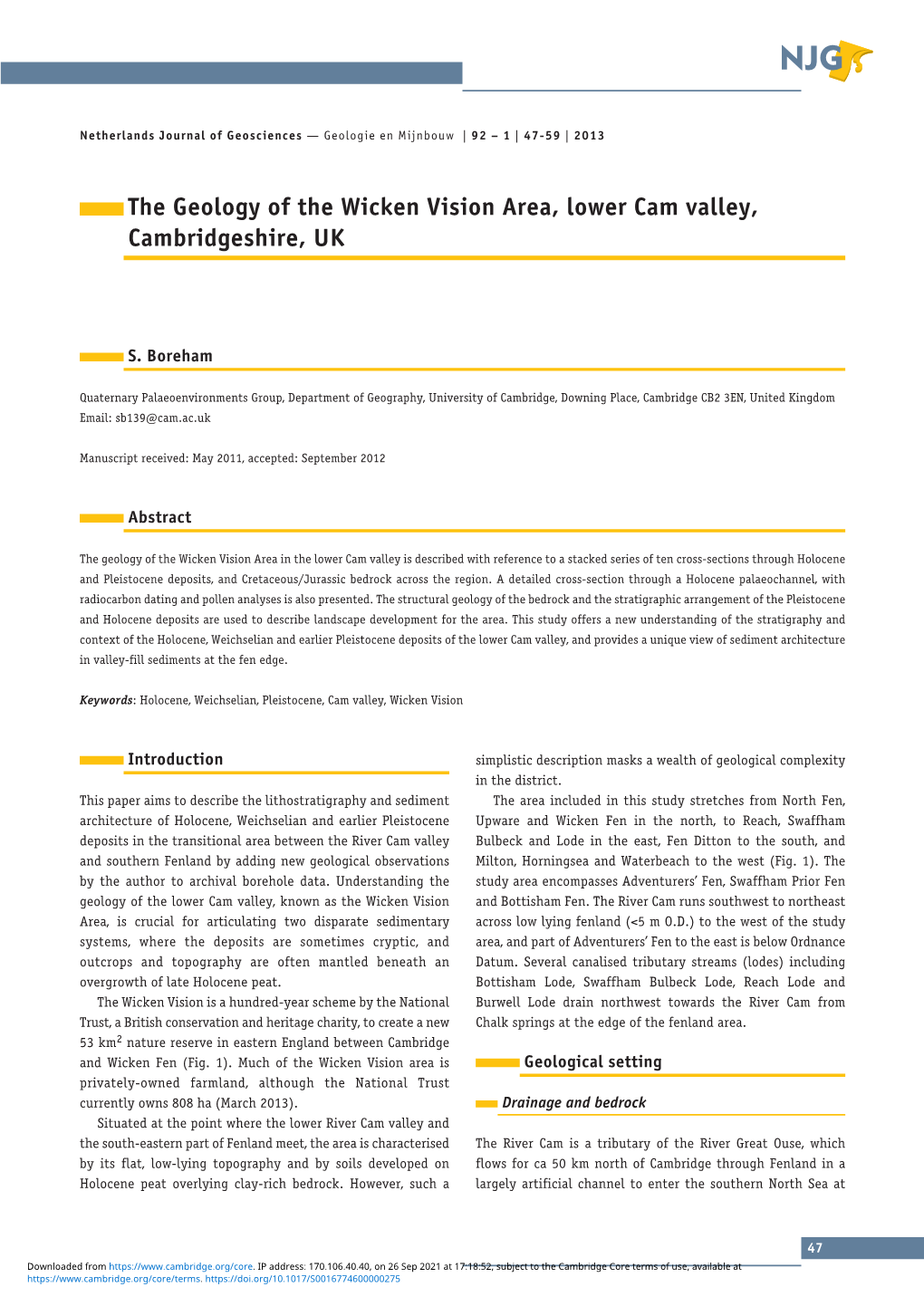 The Geology of the Wicken Vision Area, Lower Cam Valley, Cambridgeshire, UK