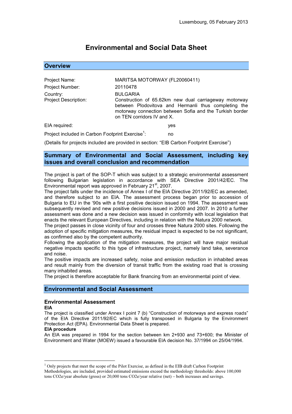 Environmental and Social Data Sheet