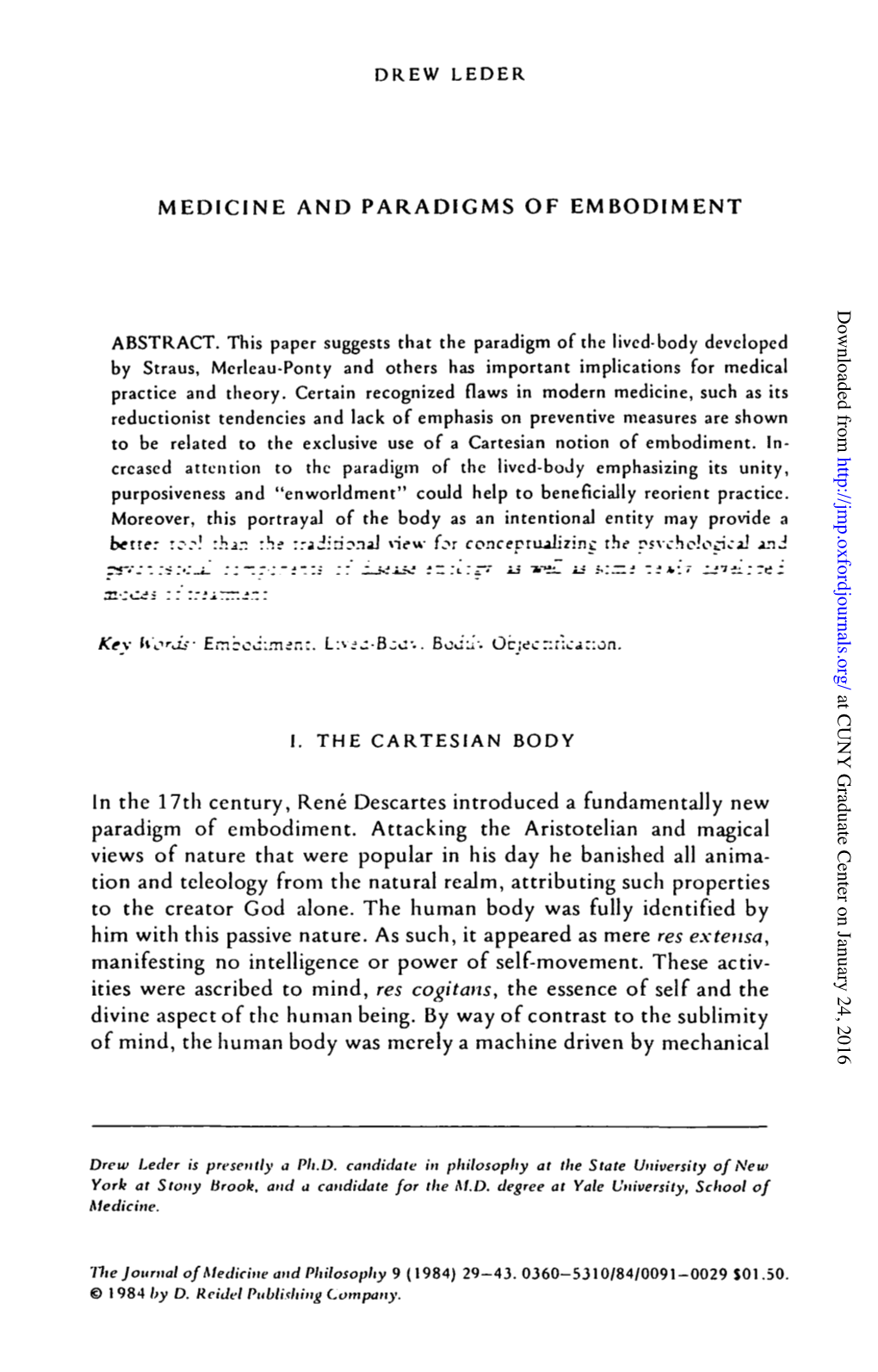 MEDICINE and PARADIGMS of EMBODIMENT in the 17Th Century