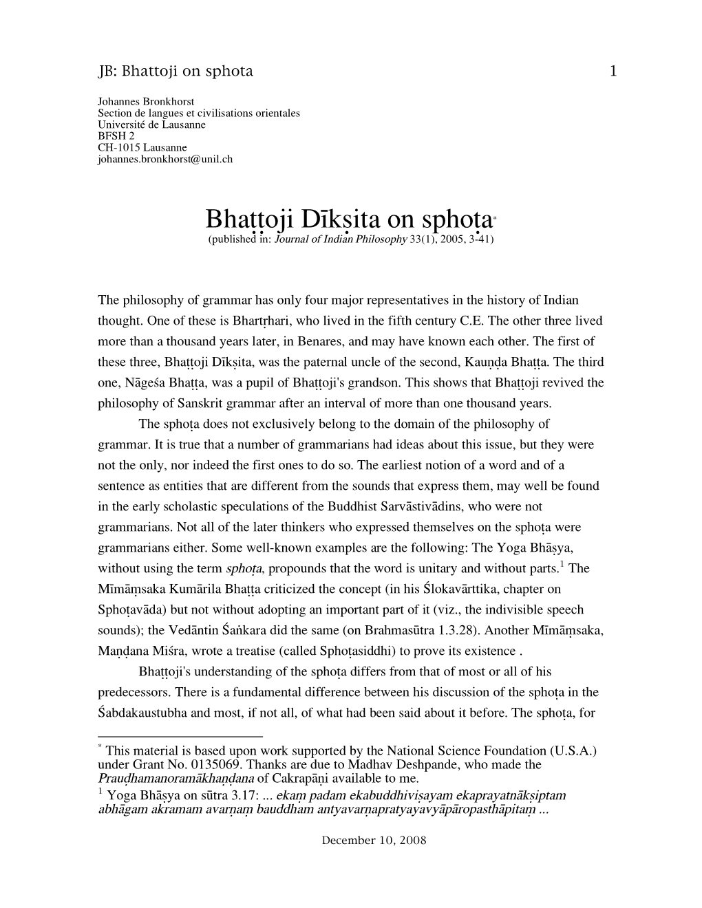 Bha††Oji D¥K∑Ita on Spho†A* (Published In: Journal of Indian Philosophy 33(1), 2005, 3-41)