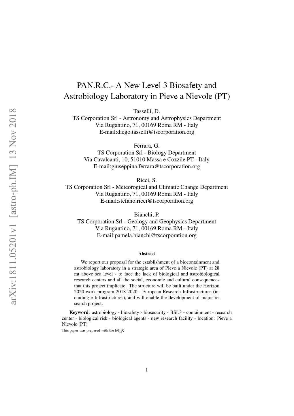 A New Level 3 Biosafety and Astrobiology Laboratory in Pieve A