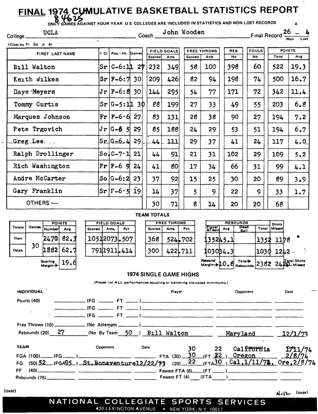 Final 1974 Cumulative Basketball Statistics Report