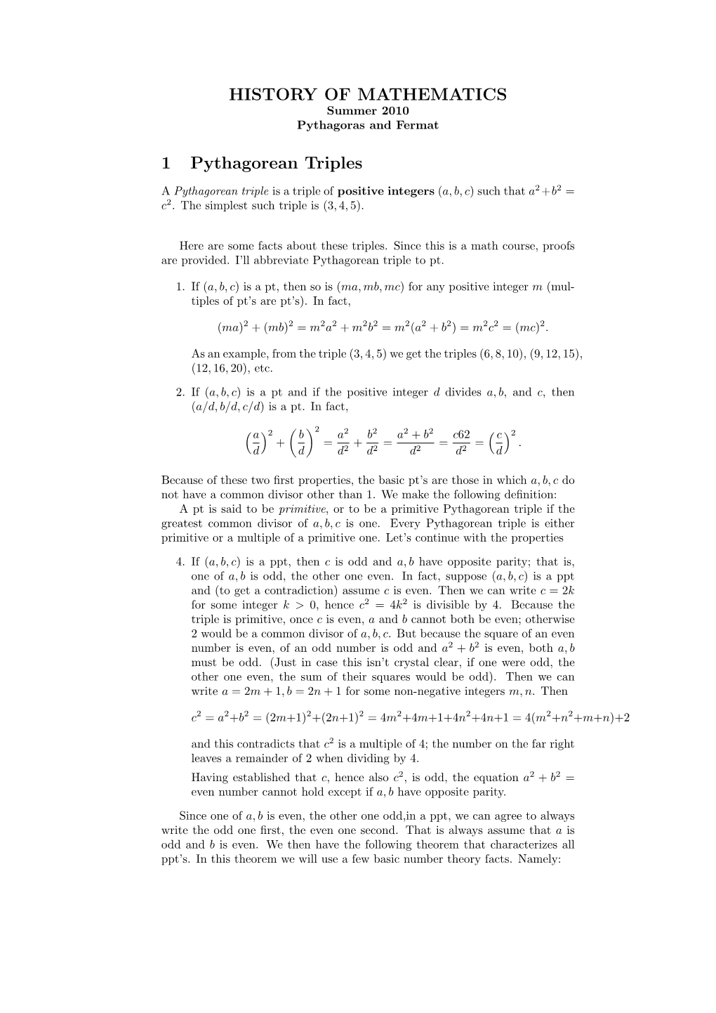 HISTORY of MATHEMATICS 1 Pythagorean Triples