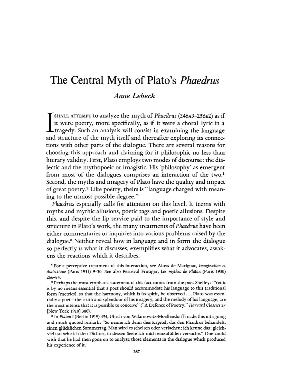 The Central Myth of Plato's Phaedrus Anne Lebeck