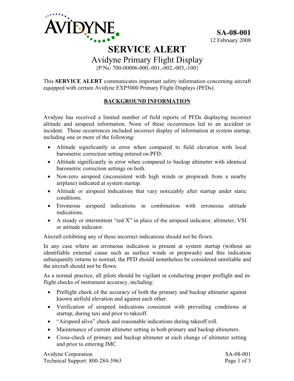 SERVICE ALERT Avidyne Primary Flight Display {P/Ns: 700-00006-000,-001,-002,-003,-100}