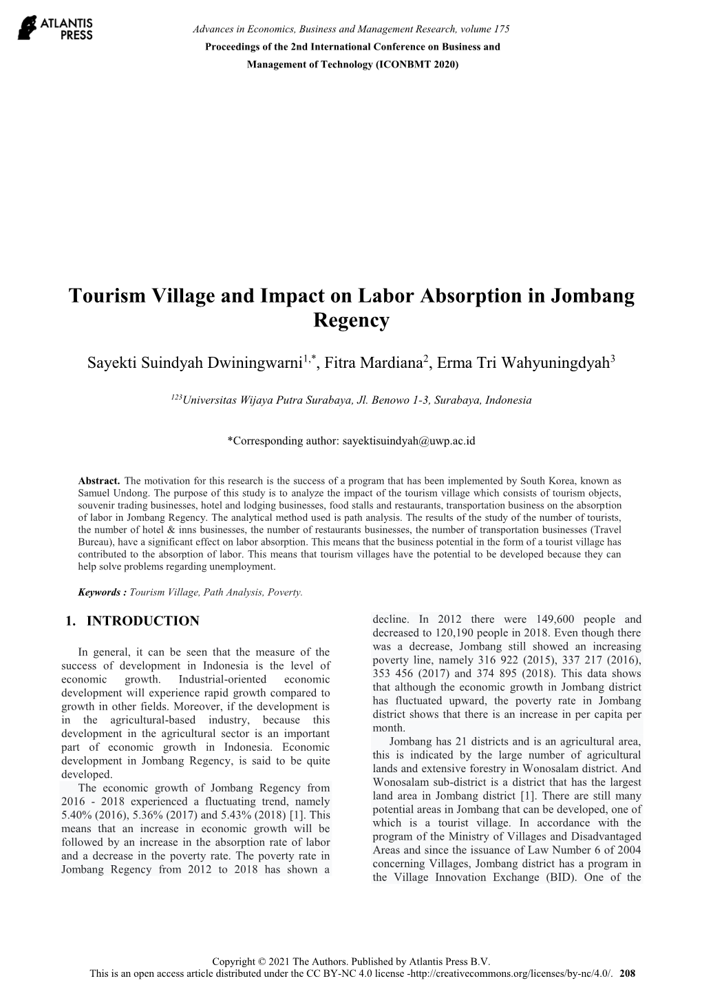 Tourism Village and Impact on Labor Absorption in Jombang Regency
